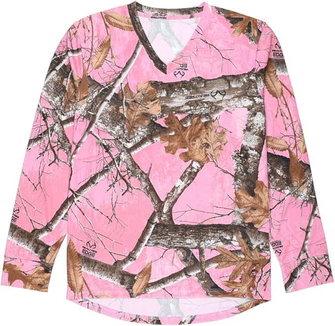 Realtree Edge Pink Camo Women’s Long Sleeve Tee – Drop-Tail Hem Performance Shirt