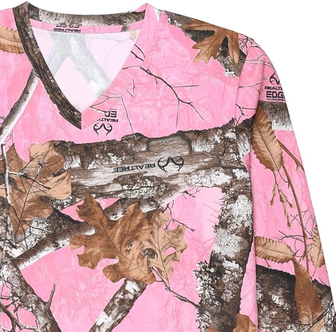 Realtree Edge Pink Camo Women’s Long Sleeve Tee – Drop-Tail Hem Performance Shirt